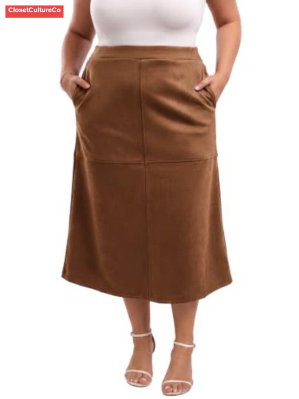 Faux Suede A-Line High Waist Midi Skirt with Pockets